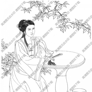 古代女子《含芳秋月》線描畫(huà)底稿高清大圖下載